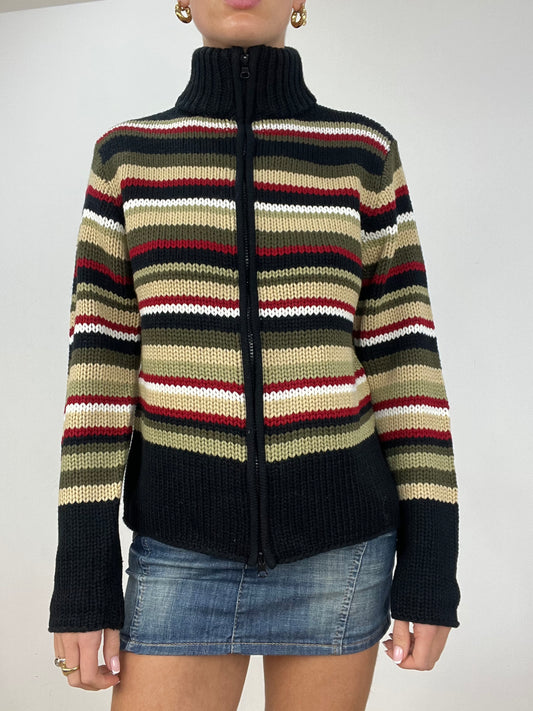 vintage edit two | medium beige red and black striped knitted zip up jumper