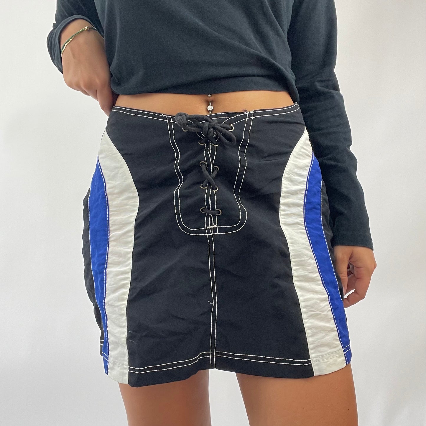 AMELIA GRAY DROP | small black lace up skirt with blue and white panels