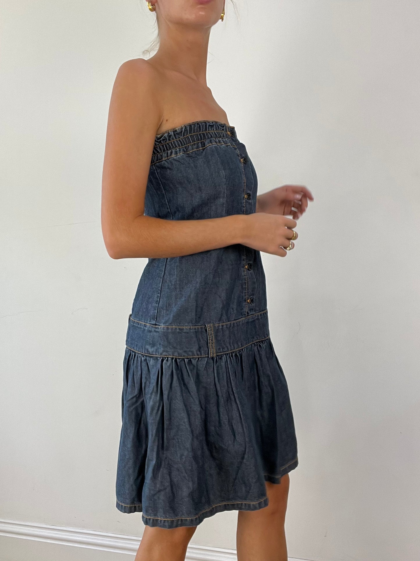 💻DENIM ON DENIM | medium dark wash bandeau denim dress