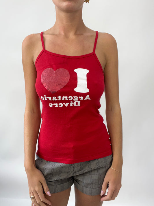 SUMMER SOLSTICE DROP | small red cami with ‘i love argentario divers’ spell out