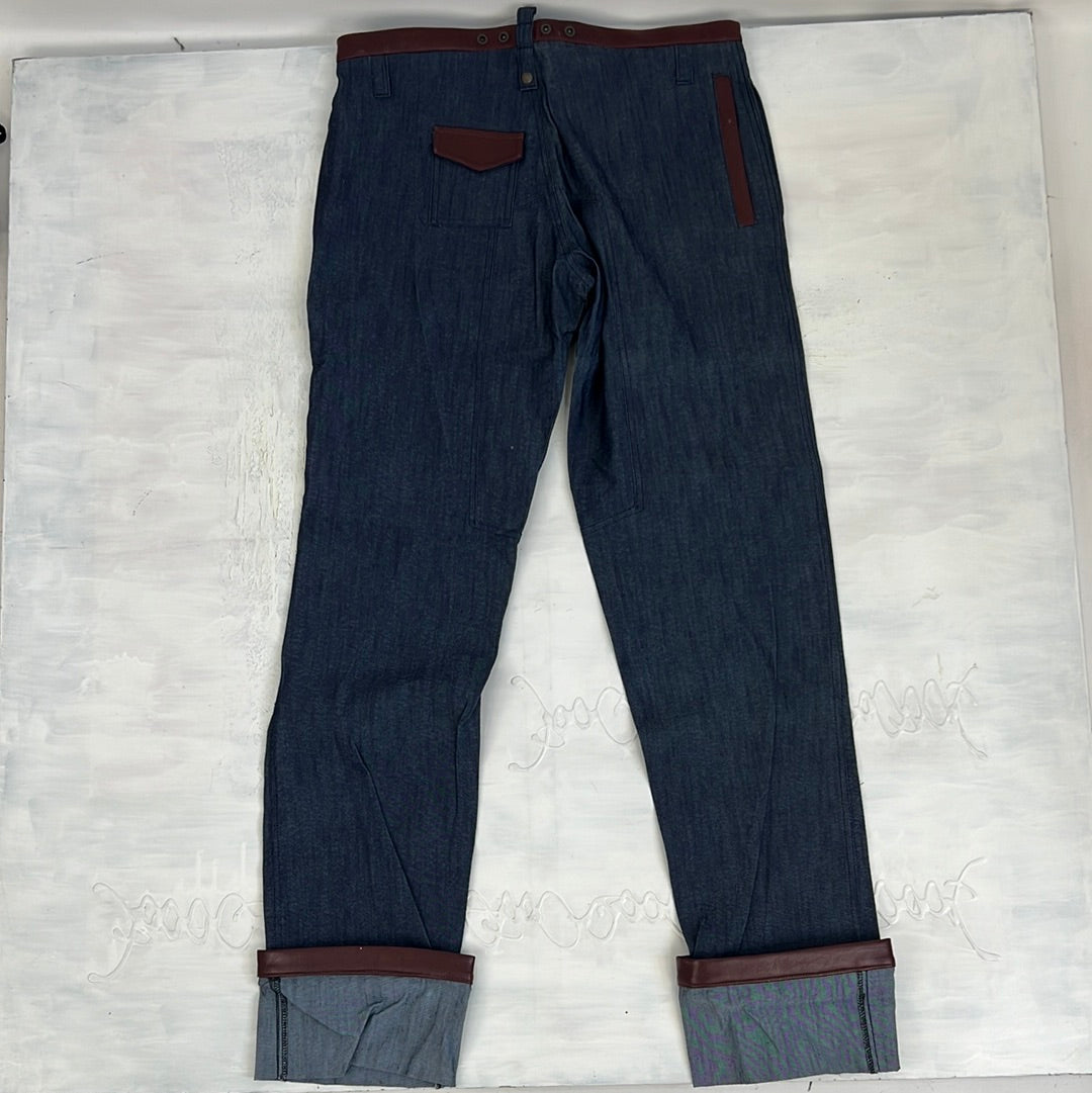 TAYLOR SWIFT DROP | large dark wash denim jeans with folded up ankles and brown waist band