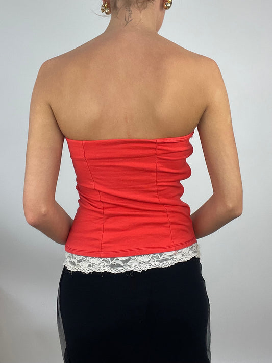 ADDISON RAE DROP | small coral strapless bandeau corset style structured top with white lace trim