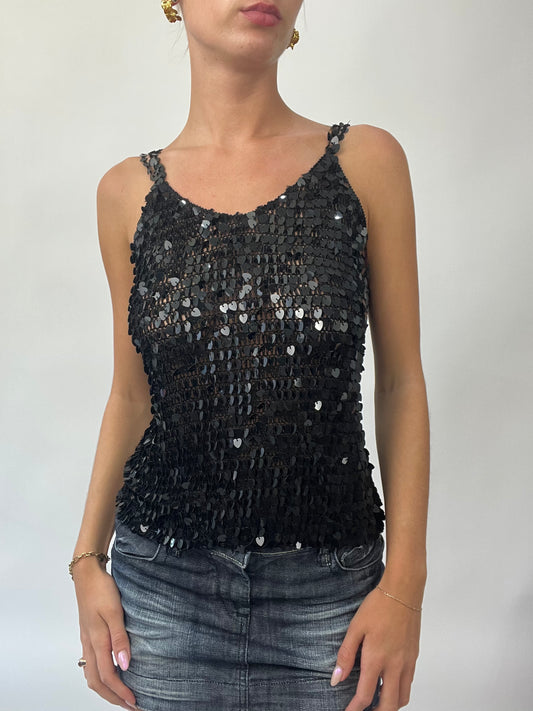 BRAT GIRL SUMMER DROP | small black cami with heart-shaped sequins