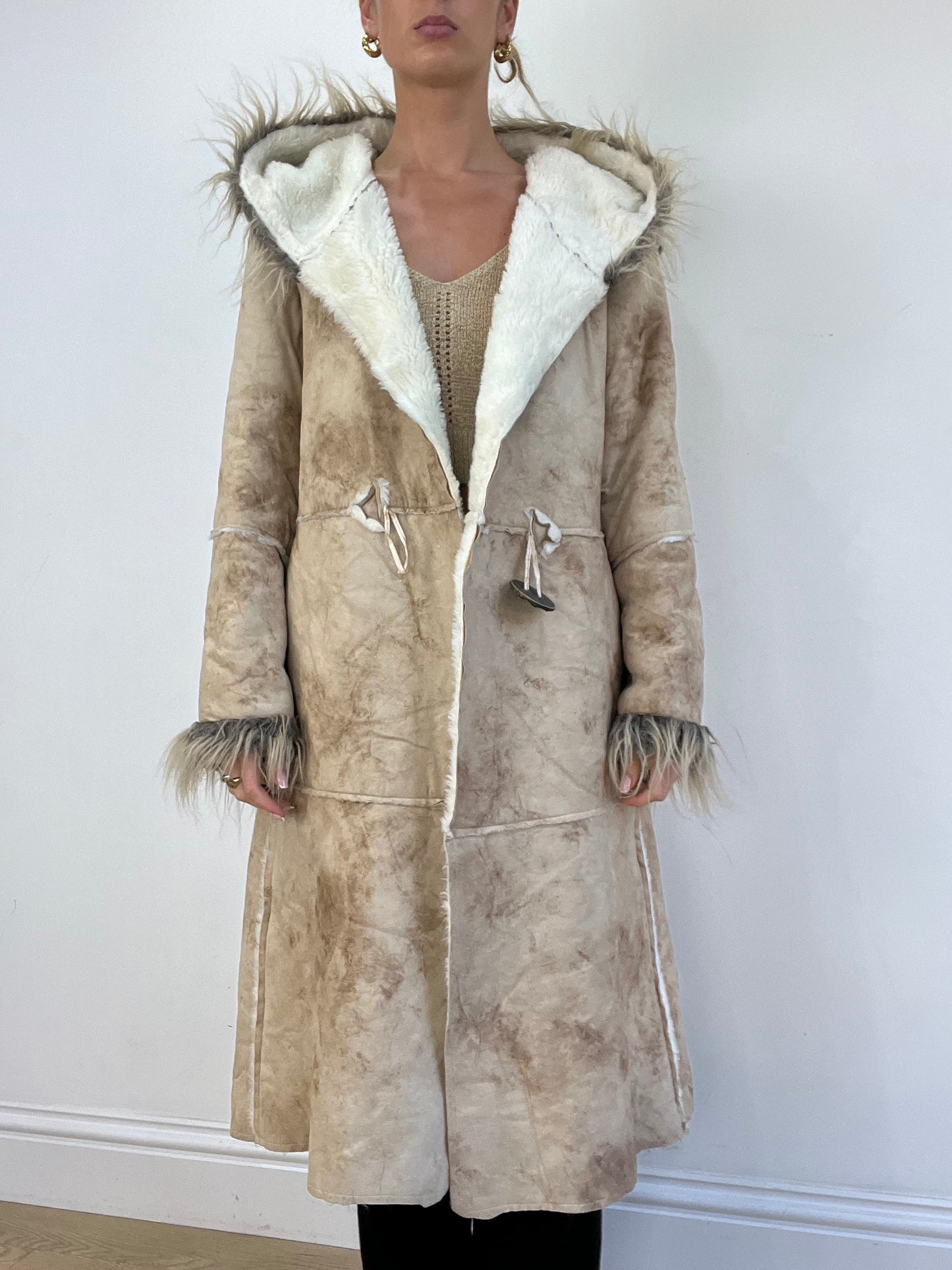 WINTER TRENDS | medium beige long afghan style coat with faux fur