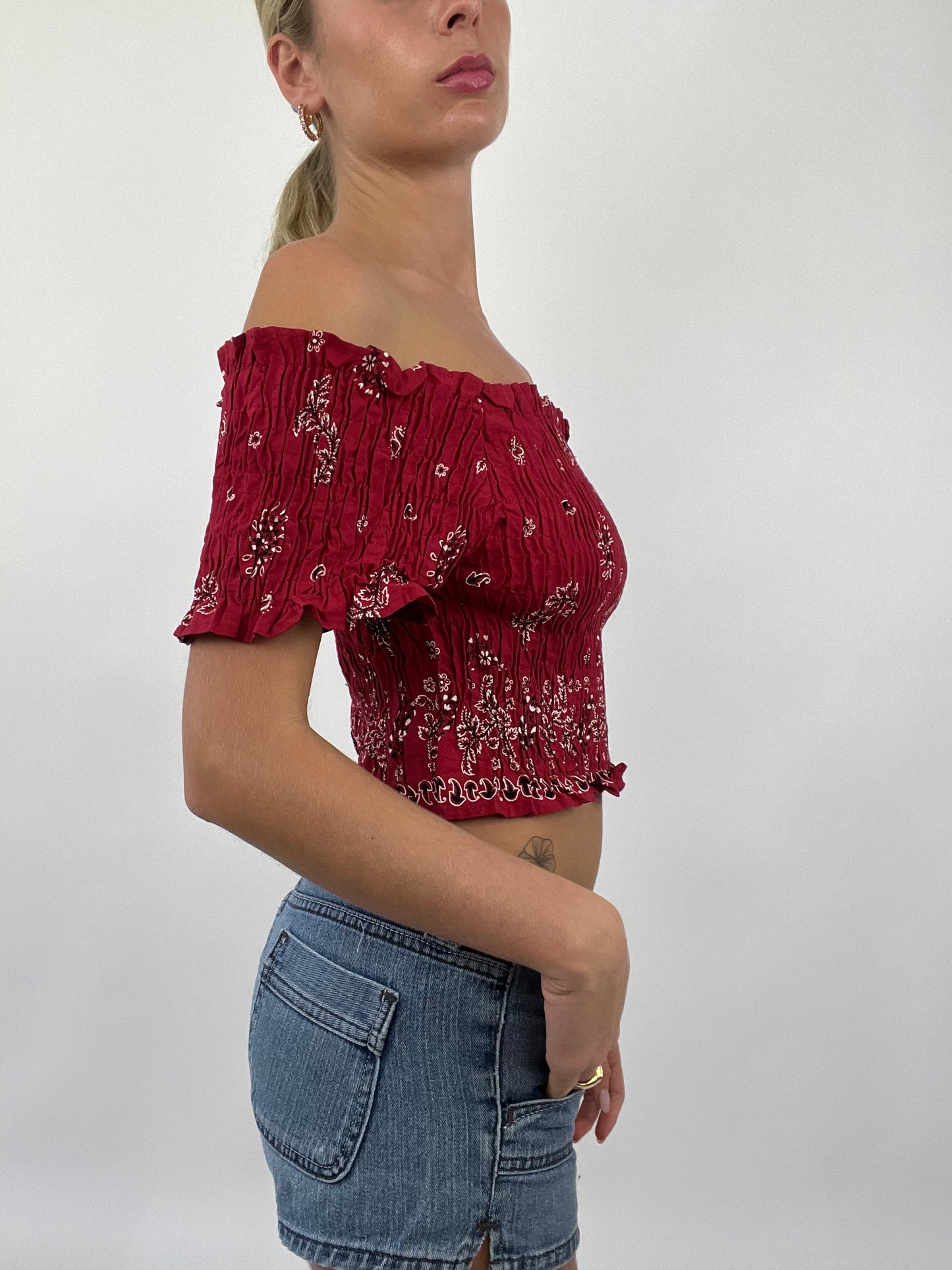 COASTAL COWGIRL DROP | small red ruched off the shoulder top with paisley print