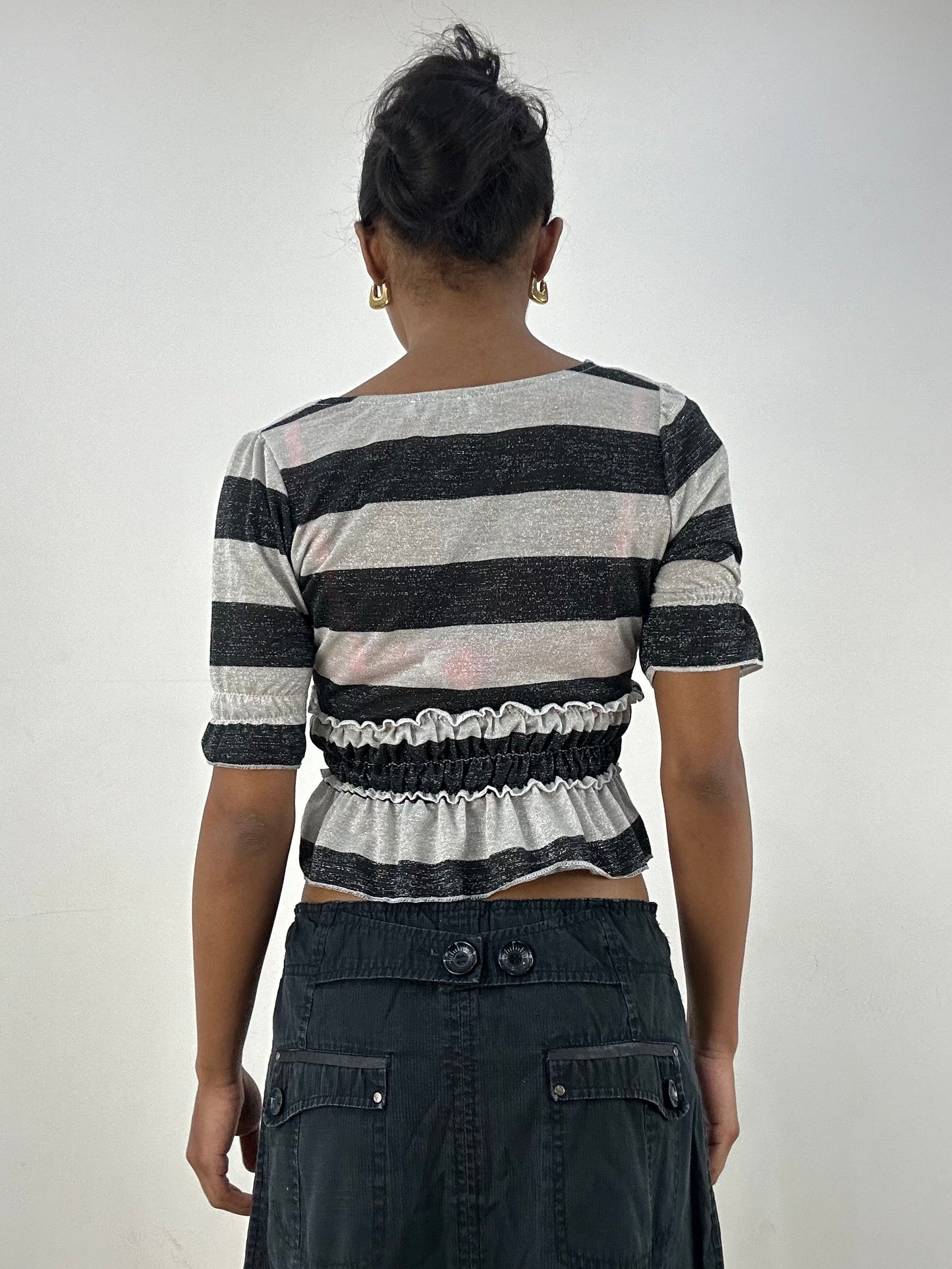 vintage edit: office siren | extra small black and grey stripy glittery crop top