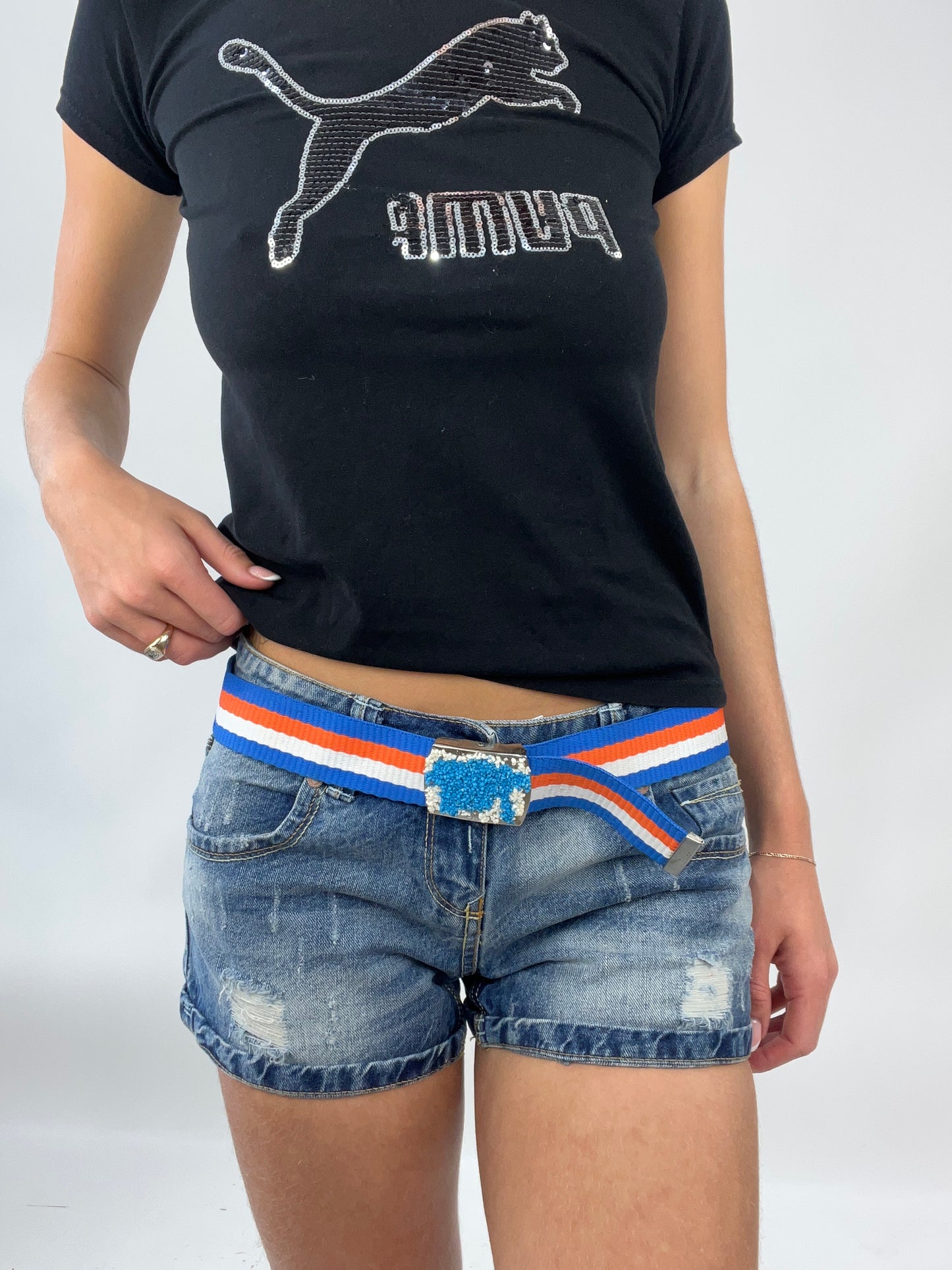 EUROS DROP | orange white and blue striped belt with embellished buckle