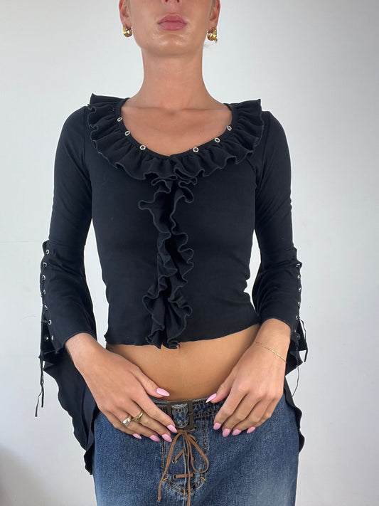 DINNER PARTY | small black frilly long sleeve top