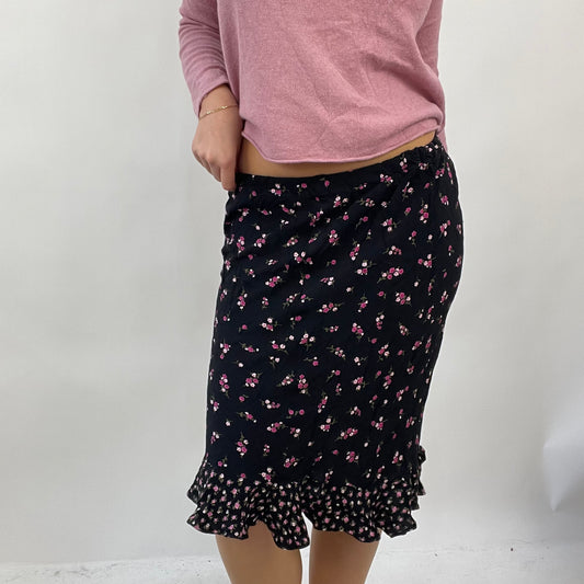 GIRL CORE DROP | small black and pink floral midi skirt