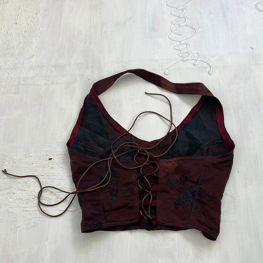 TAYLOR SWIFT DROP | extra extra small burgundy halterneck top with buttons and corset lace detail