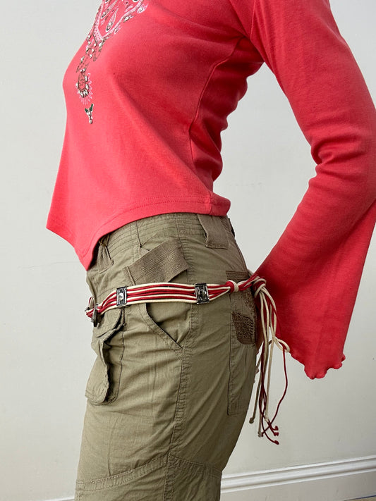 HIPPY CHIC DROP | cream and red string belt with silver bead detail