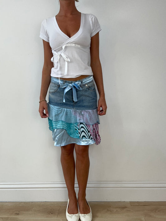 SIRENCORE | small denim skirt with blue chiffon material