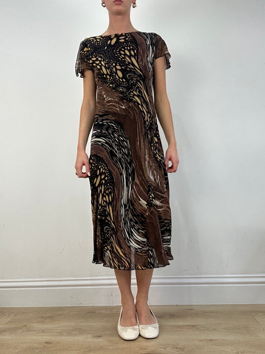 vintage edit nine: part two | medium brown swirl abstract print dress