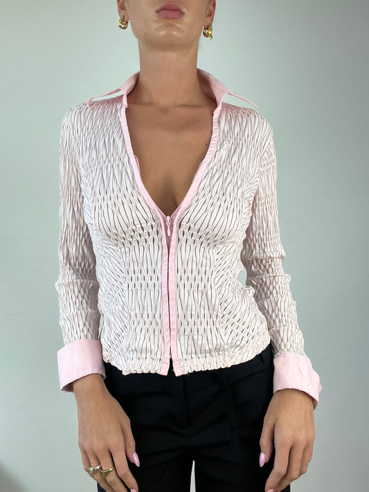 DINNER PARTY | small pink textured zip up shirt