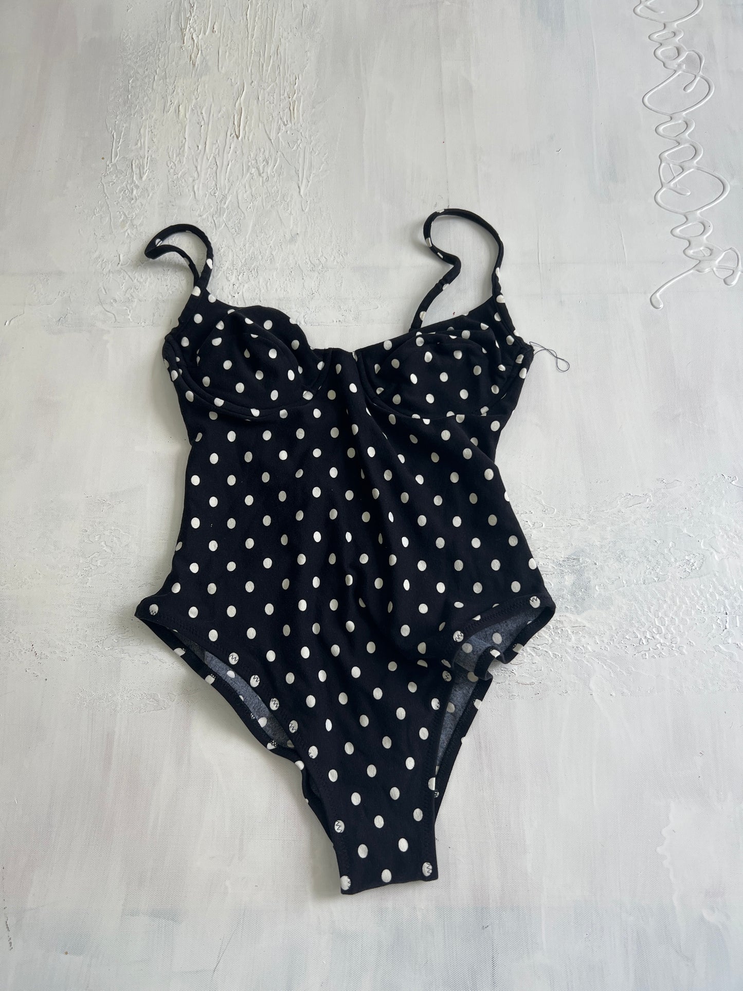 BRITISH SUMMER GIRL DROP | small black and white polka dot swimsuit with scoop back