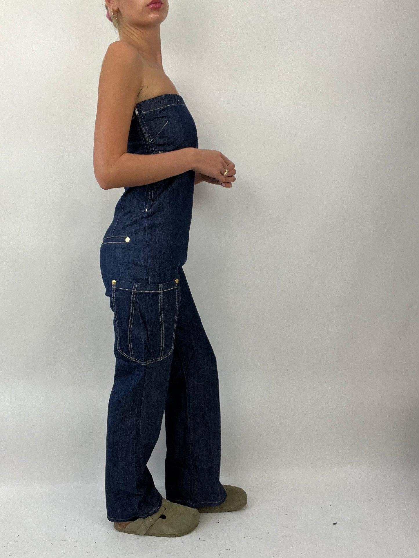 COASTAL COWGIRL DROP | xsmall dark wash denim bandeau jump suit