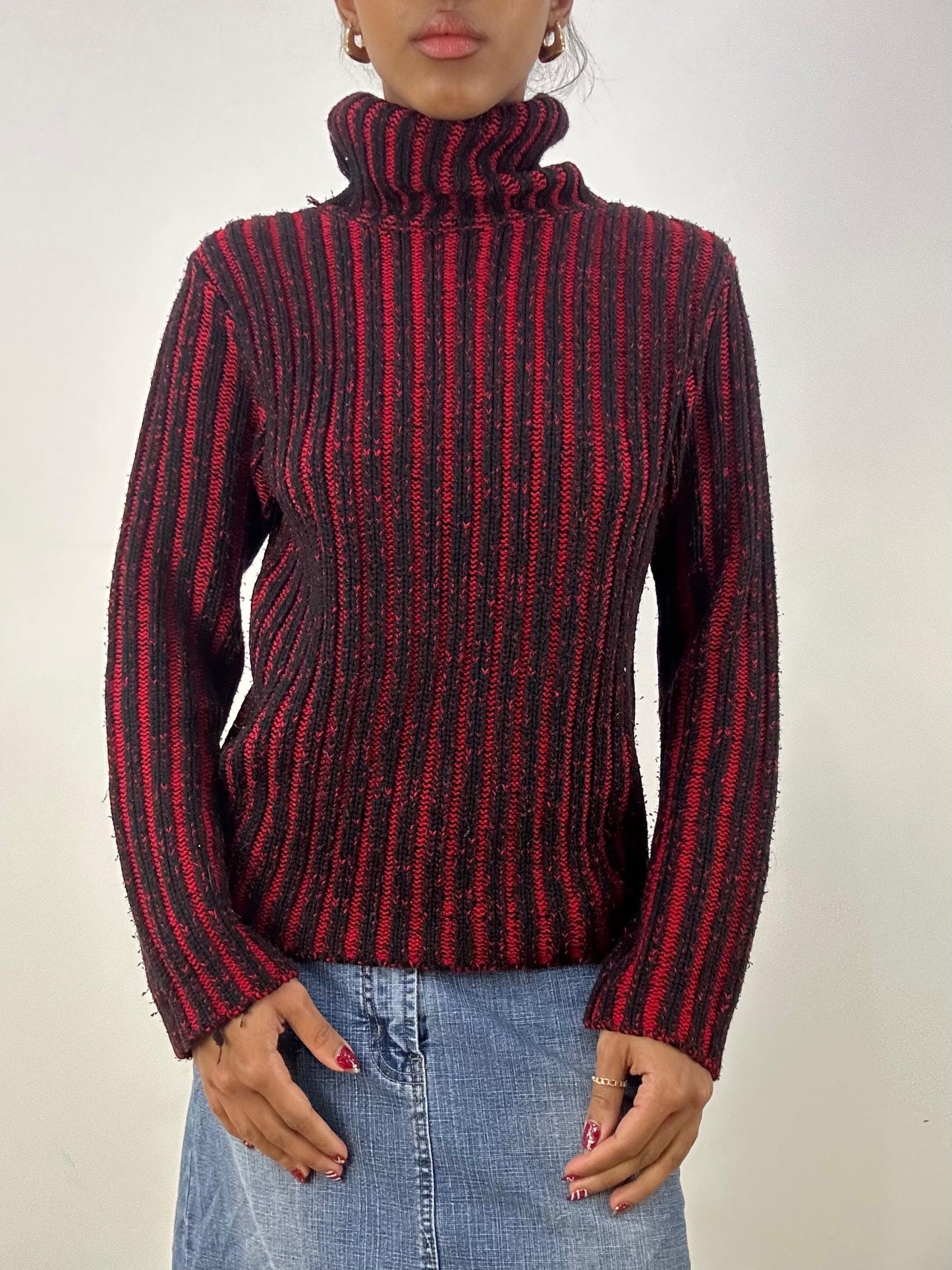 vintage edit six | small red and black ribbed roll neck jumper