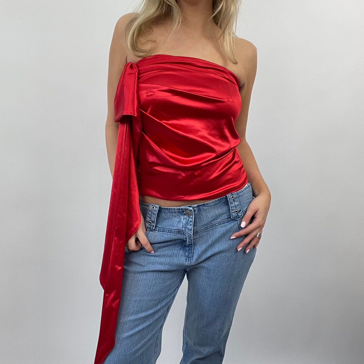 💚💻 GALENTINES DAY DROP | small red silky top with long drape detail