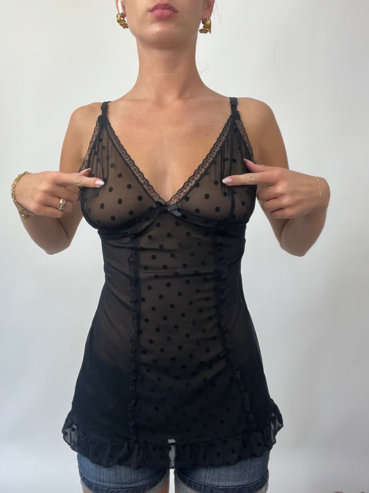 BRAT GIRL SUMMER DROP | small black mesh cami with polka dot detail all over
