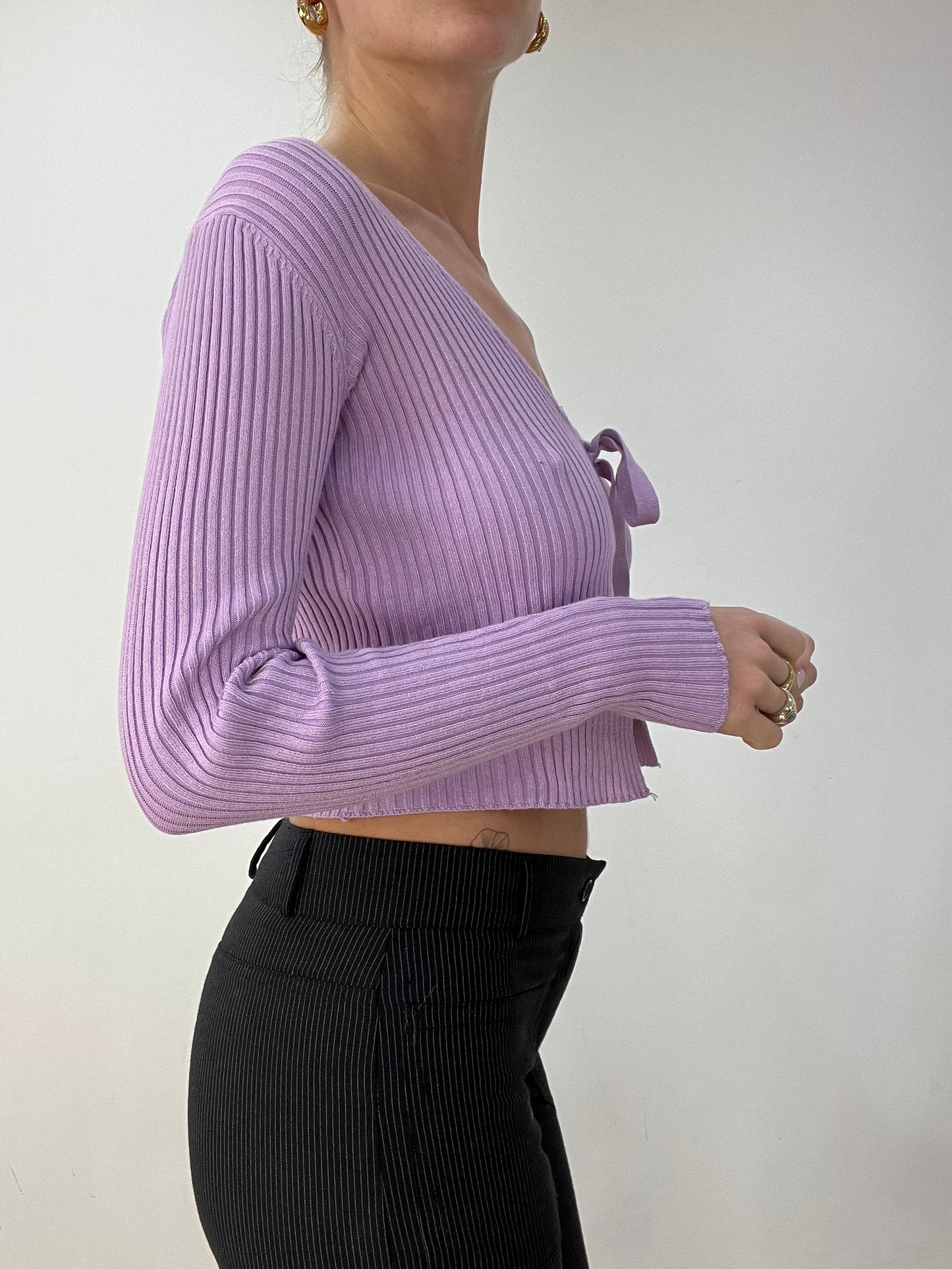 BEST PICKS | small purple ribbed front tie cardigan