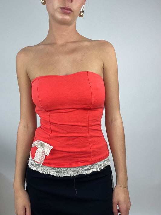 ADDISON RAE DROP | small coral strapless bandeau corset style structured top with white lace trim