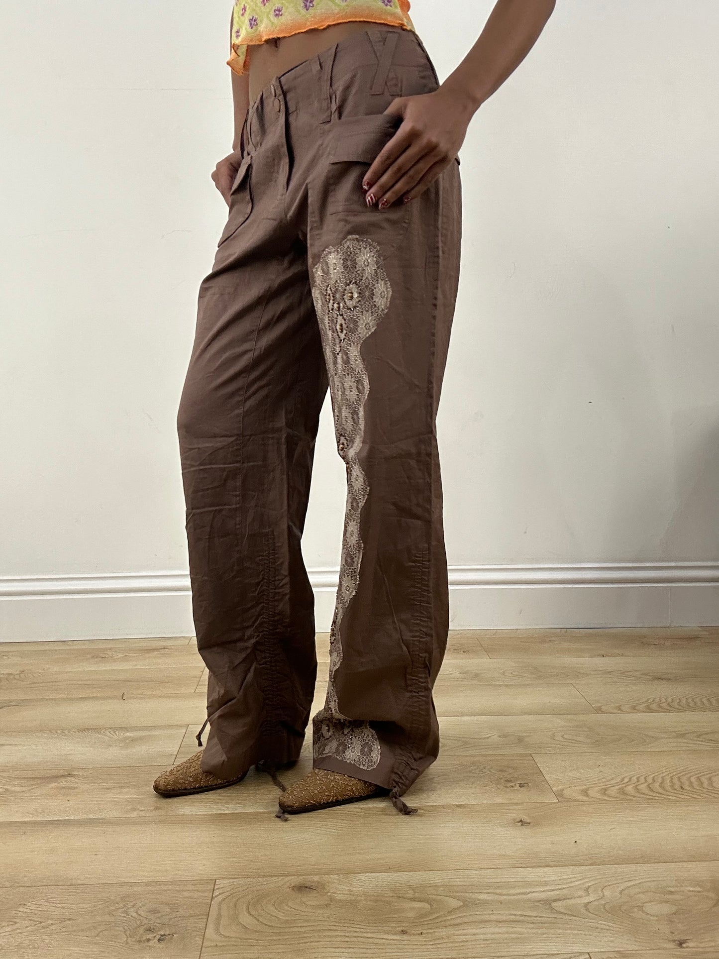 HIPPY CHIC DROP | small brown embroidered beaded cargo trousers