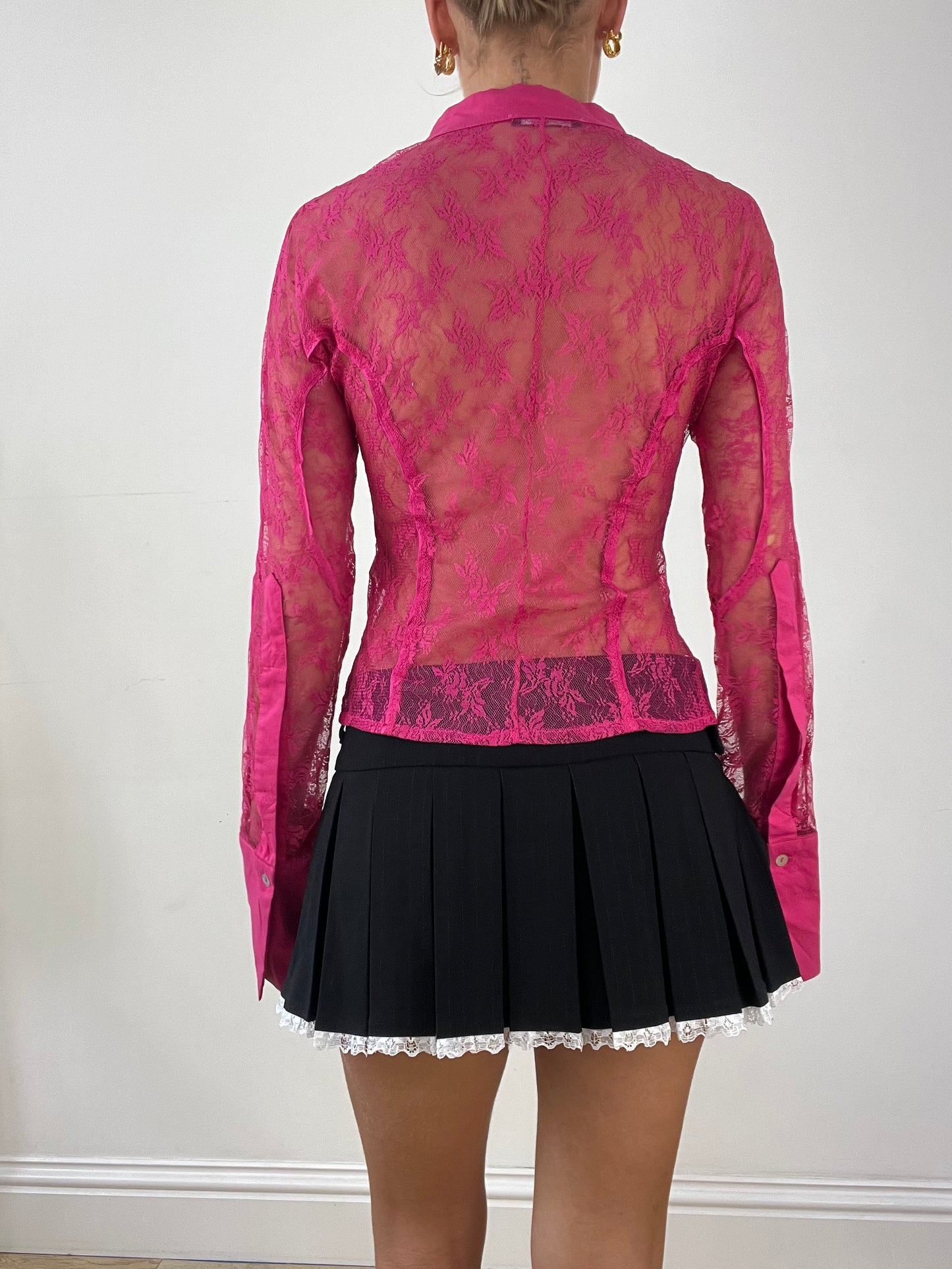 OFFICE GIRLIE | medium pink lace sheer shirt