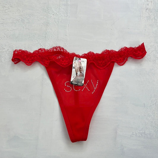 TAYLOR SWIFT DROP | small red lace thong with diamonté ‘sexy’ spell out