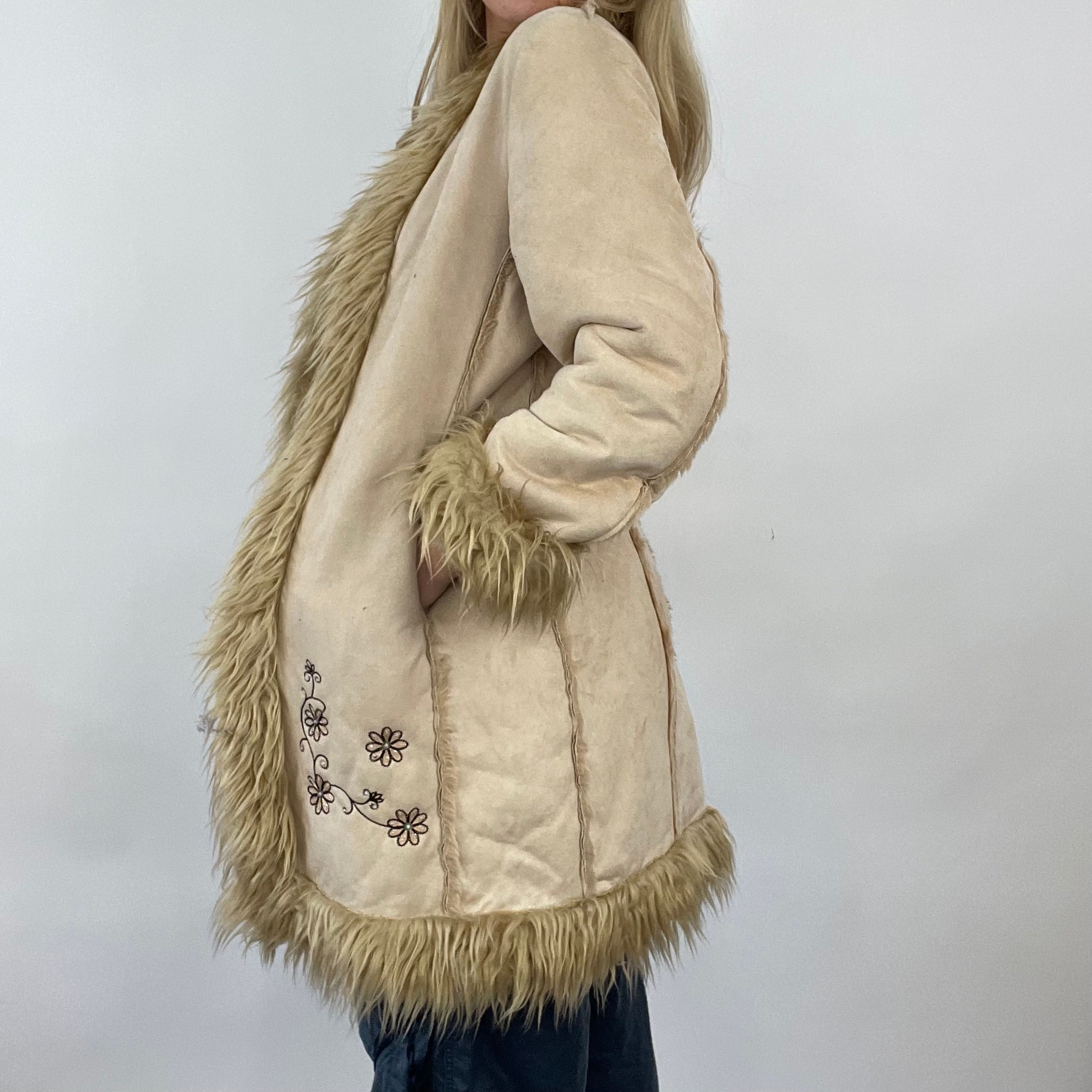 GIRL CORE DROP  small beige pimkie longline afghan style coat with fl –  remass