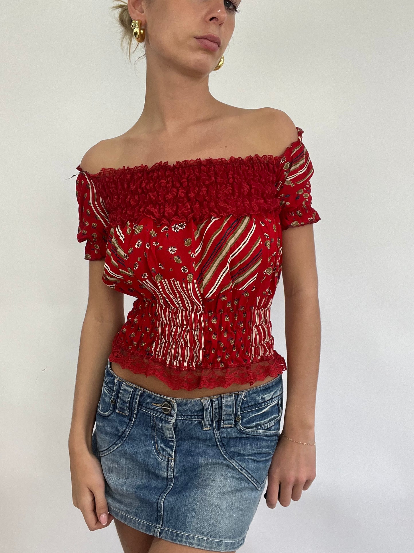 💻COACHELLA DROP | small red sheer off the shoulder top with white abstract floral pattern