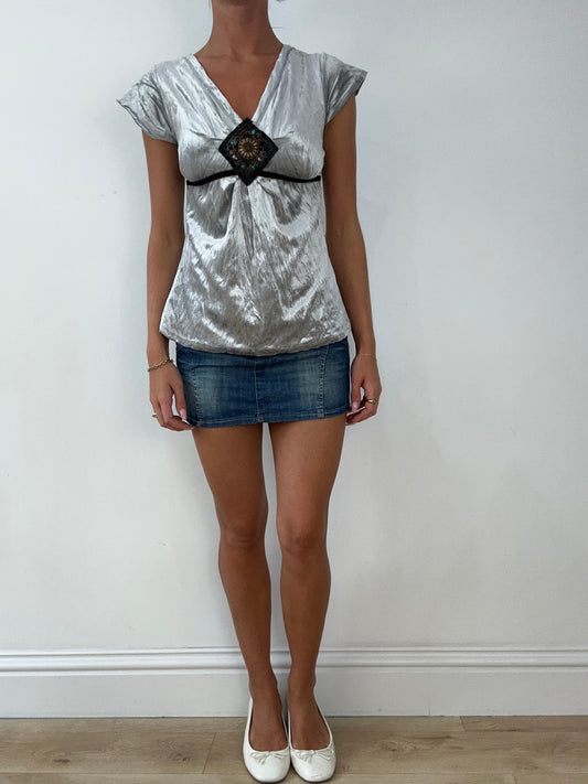 SIRENCORE | small silver velour t-shirt with beaded detail