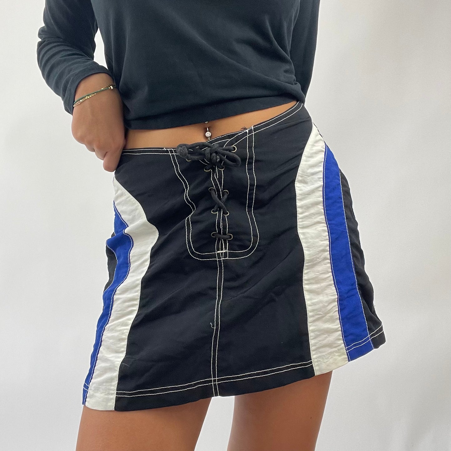 AMELIA GRAY DROP | small black lace up skirt with blue and white panels