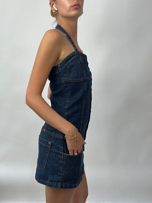 BRAT GIRL SUMMER DROP | small dark wash denim halterneck dress