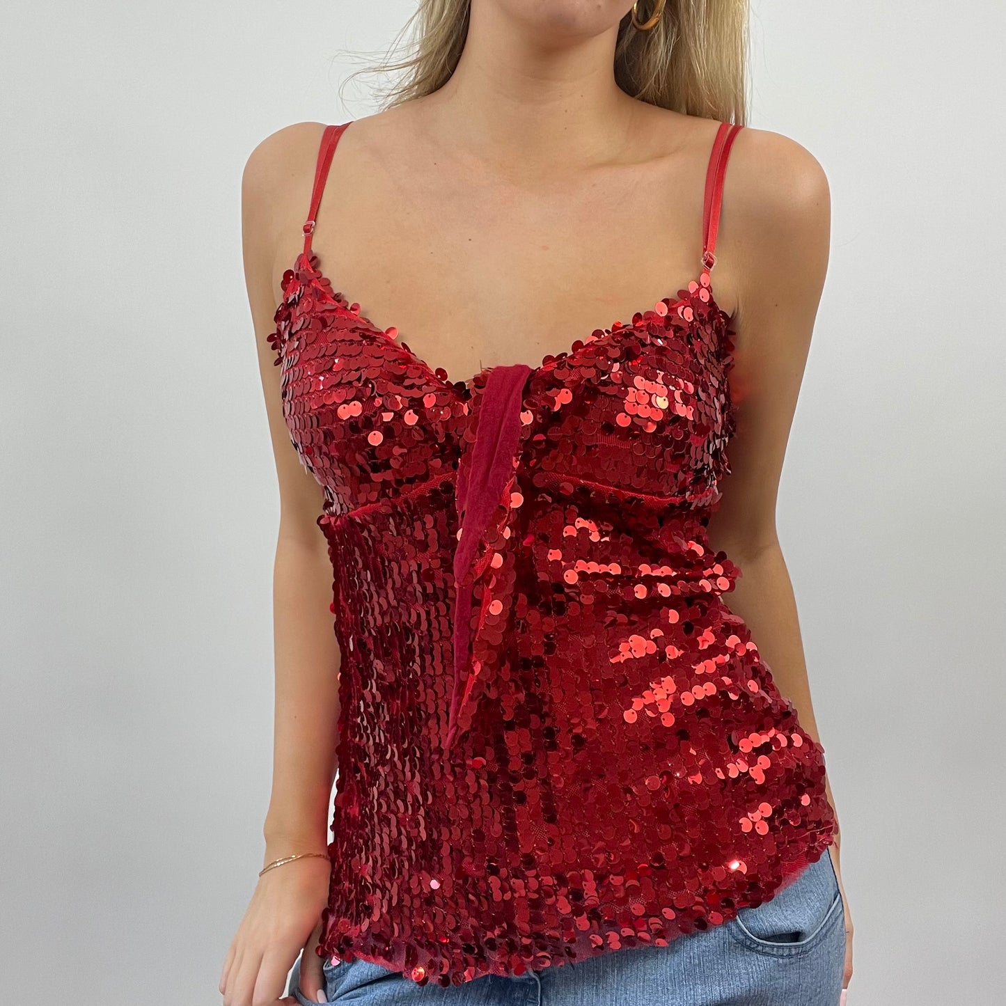 GALENTINES DAY DROP | small red sequin cami top with tie front detail