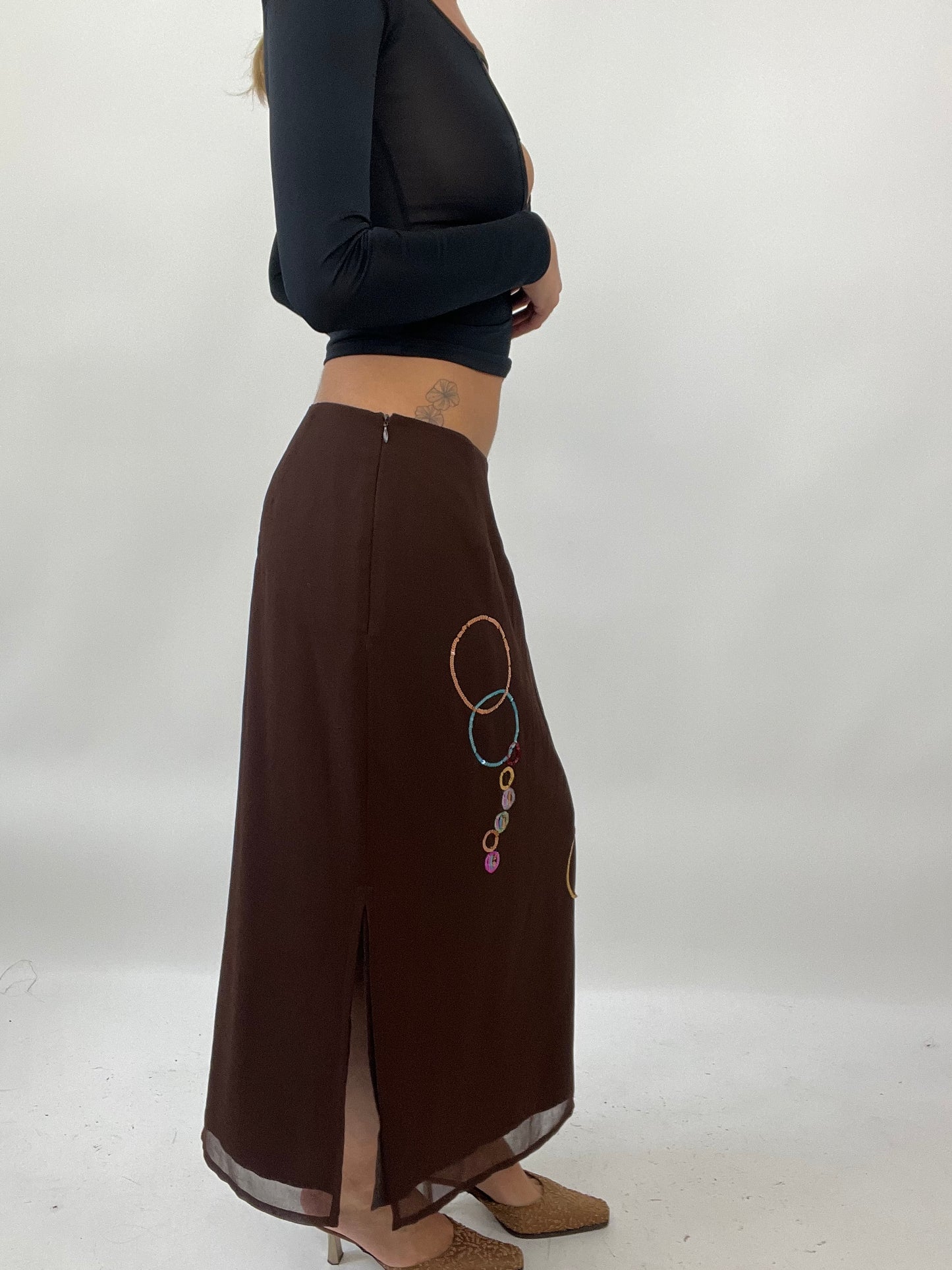 PALM BEACH DROP | medium brown maxi skirt with sequin detail