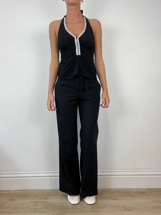 DINNER PARTY | small black halterneck top with diamanté neckline