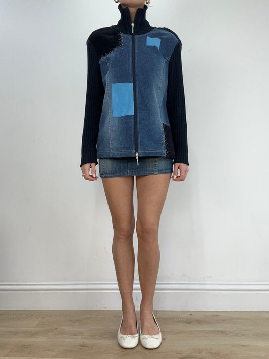 vintage edit five | medium blue denim patchwork dual zip jumper