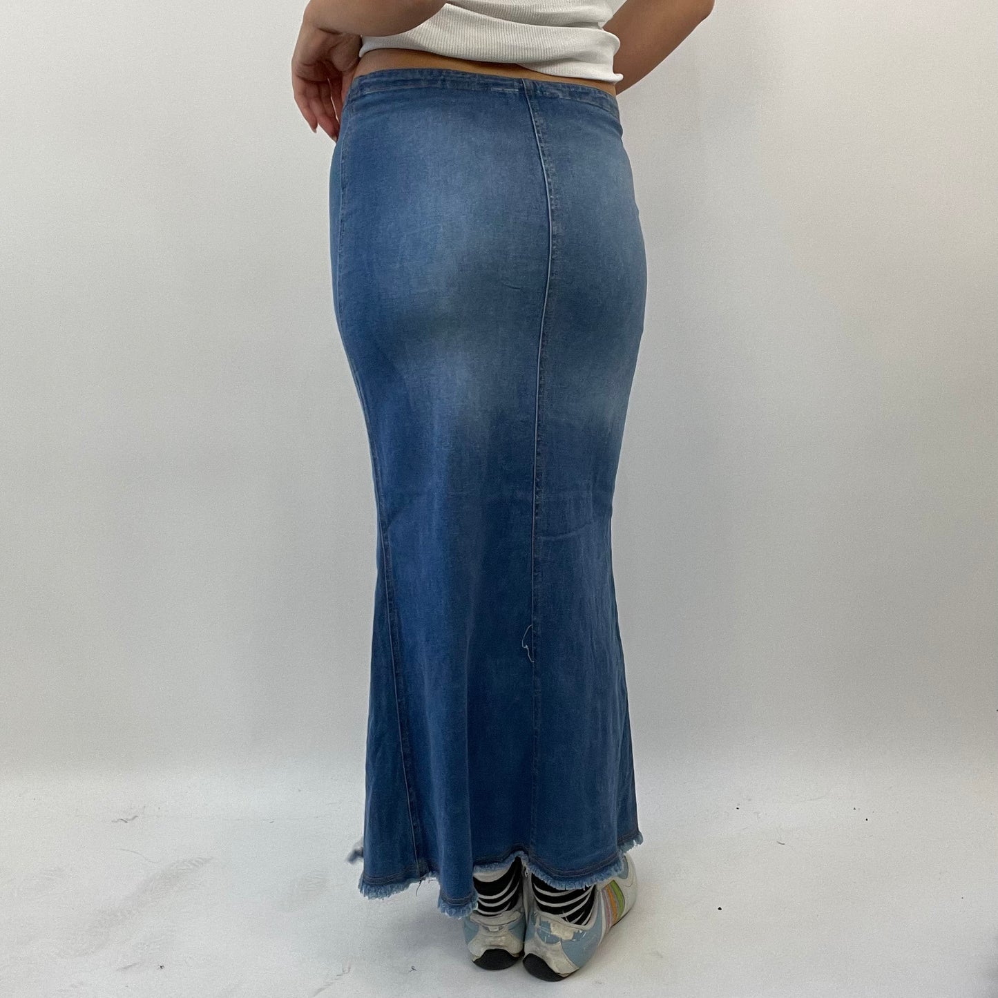 BEST PICKS medium blue distressed denim maxi skirt with slits remass