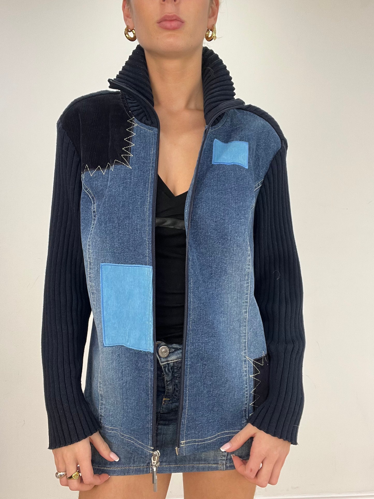 vintage edit five | medium blue denim patchwork dual zip jumper