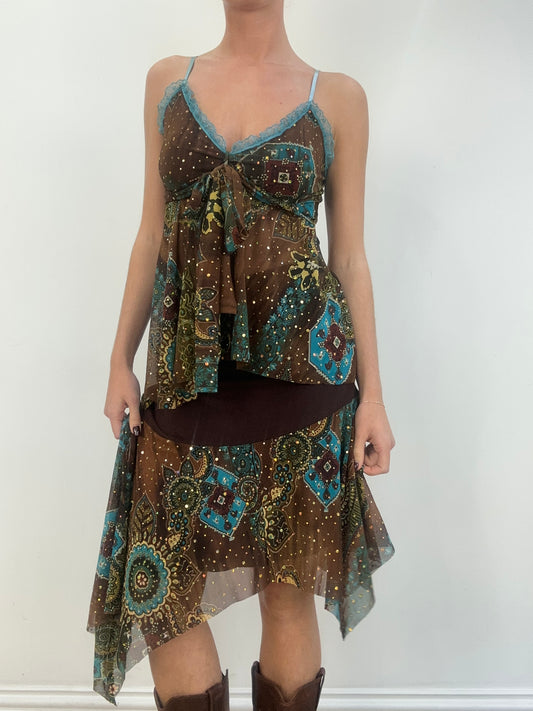 vintage drop 1 | medium brown and blue paisley print cami and skirt set