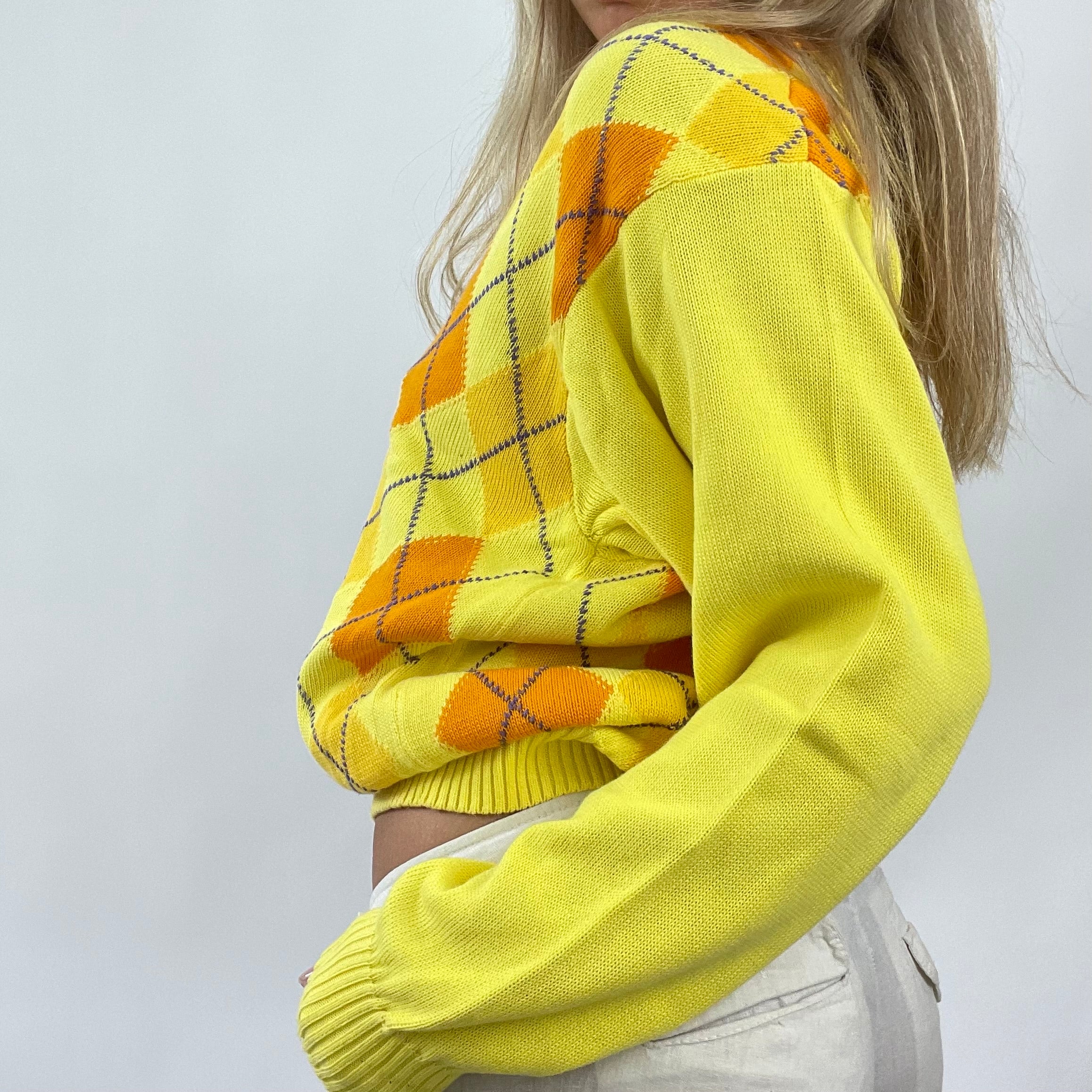 FRESHERS FITS DROP small yellow argyle button up cardigan