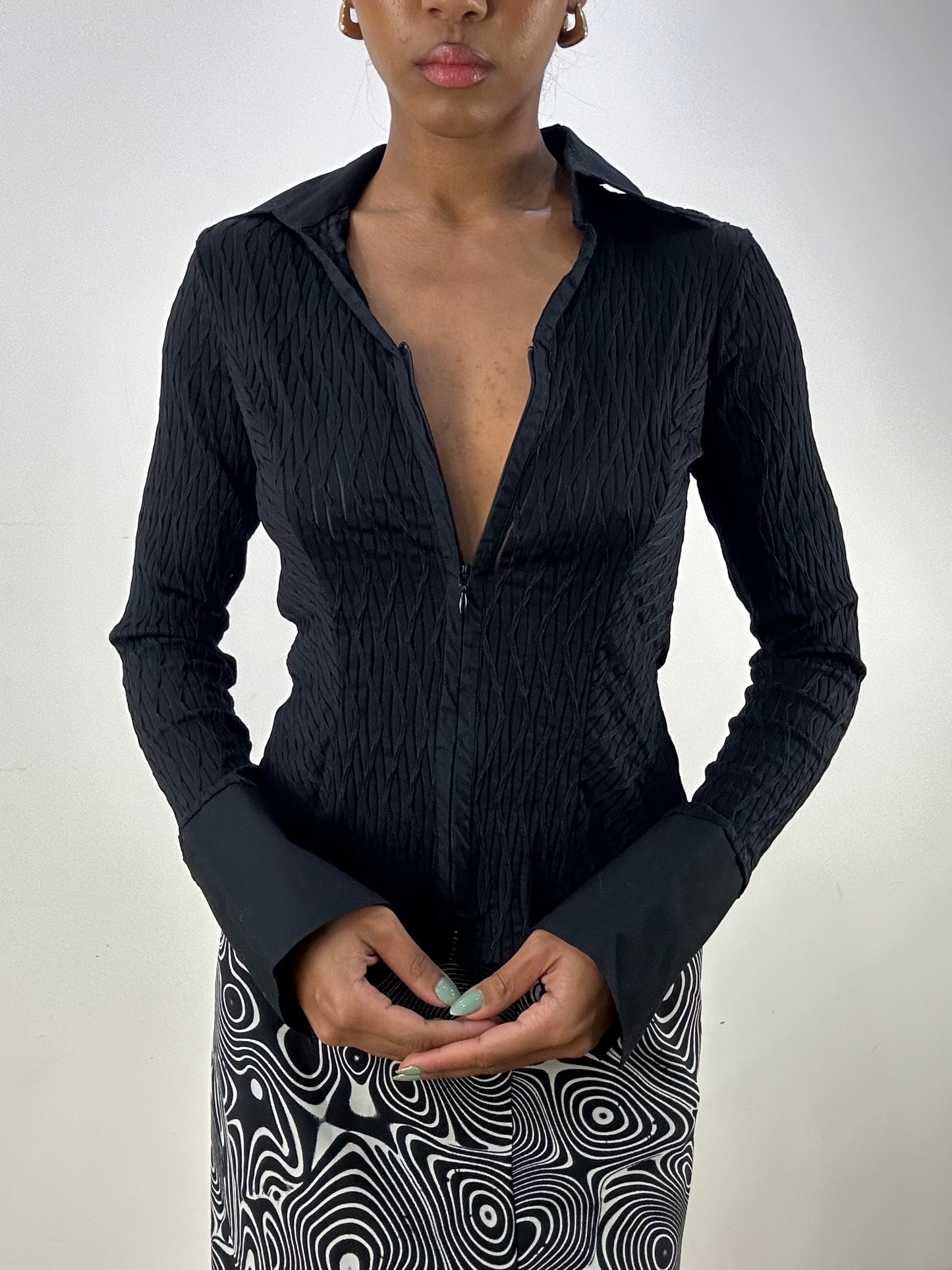 vintage edit: office siren | extra small black textured mesh zip up long sleeve shirt