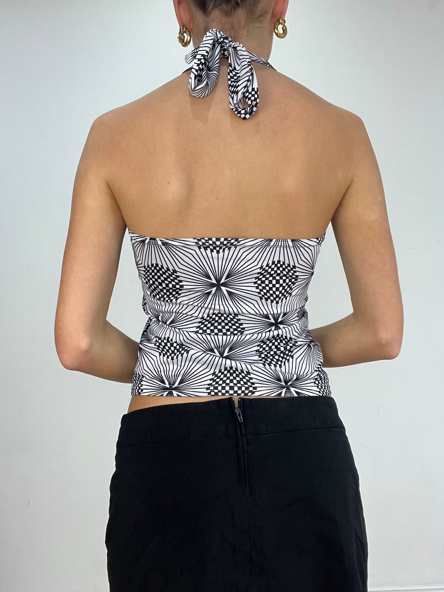 vintage edit five | small black and white checkered circle print halterneck