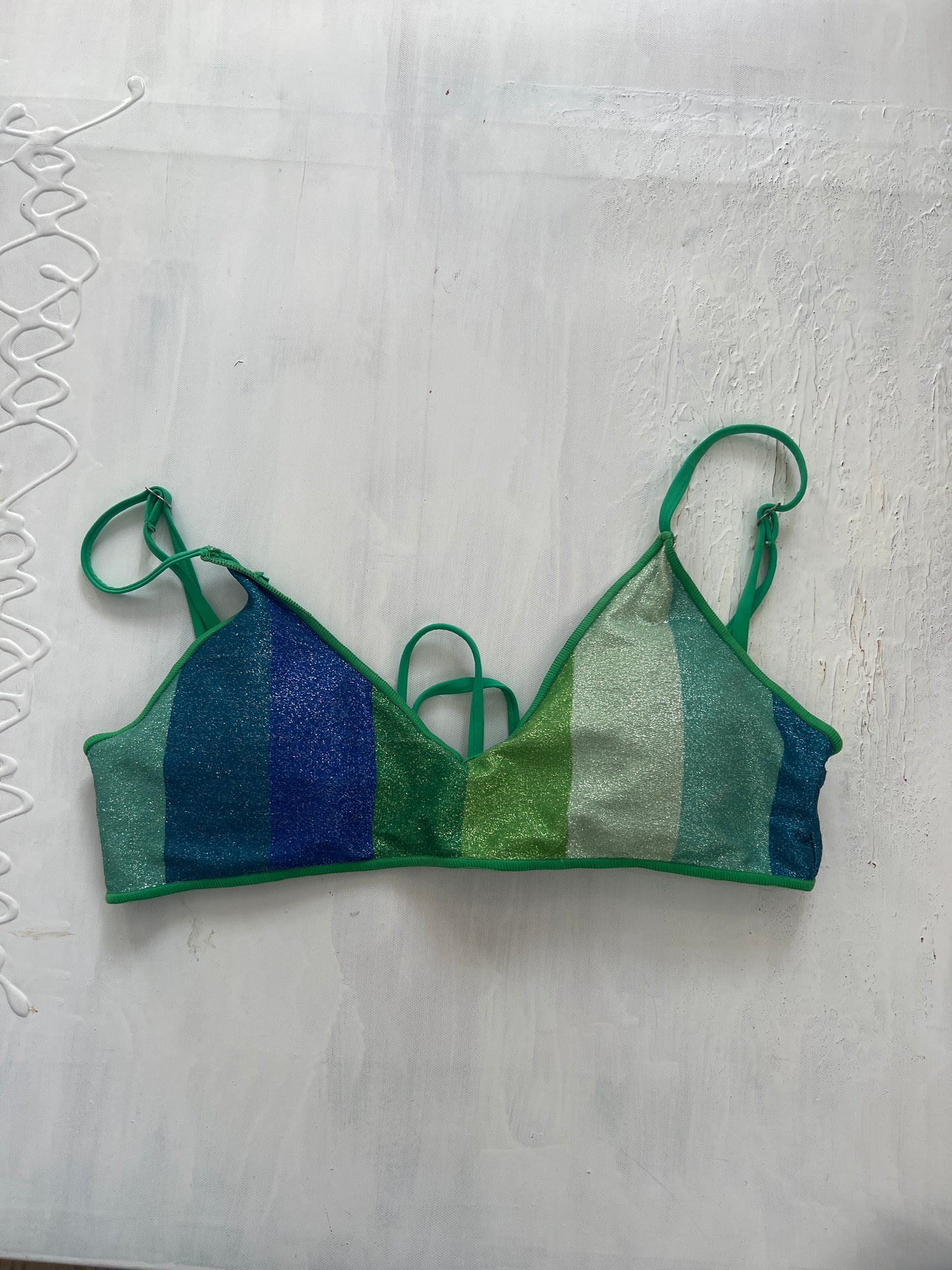 SIRENCORE | medium green and blue sparkle bikini top