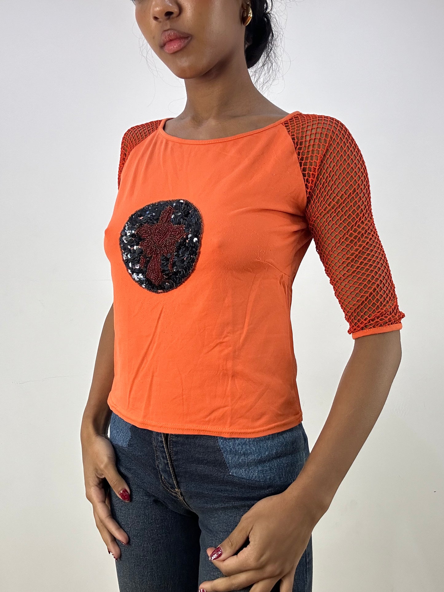 💻HIPPY CHIC DROP | medium orange 3/4 length sleeve top with sequin front and fishnet sleeves