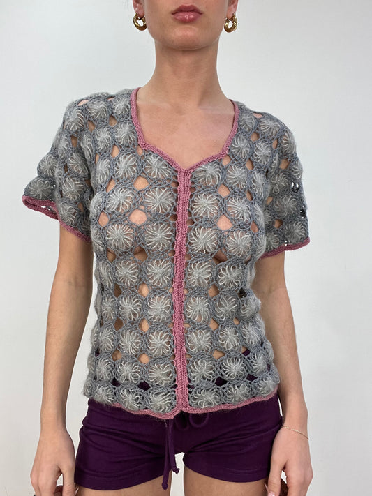 vintage edit nine | medium grey and pink floral crochet jumper top