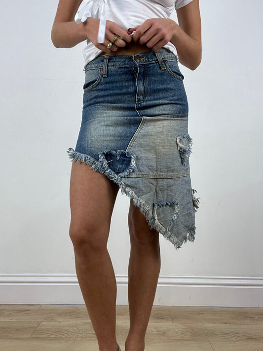 BONFIRE NIGHT | extra small mid wash asymmetric denim skirt