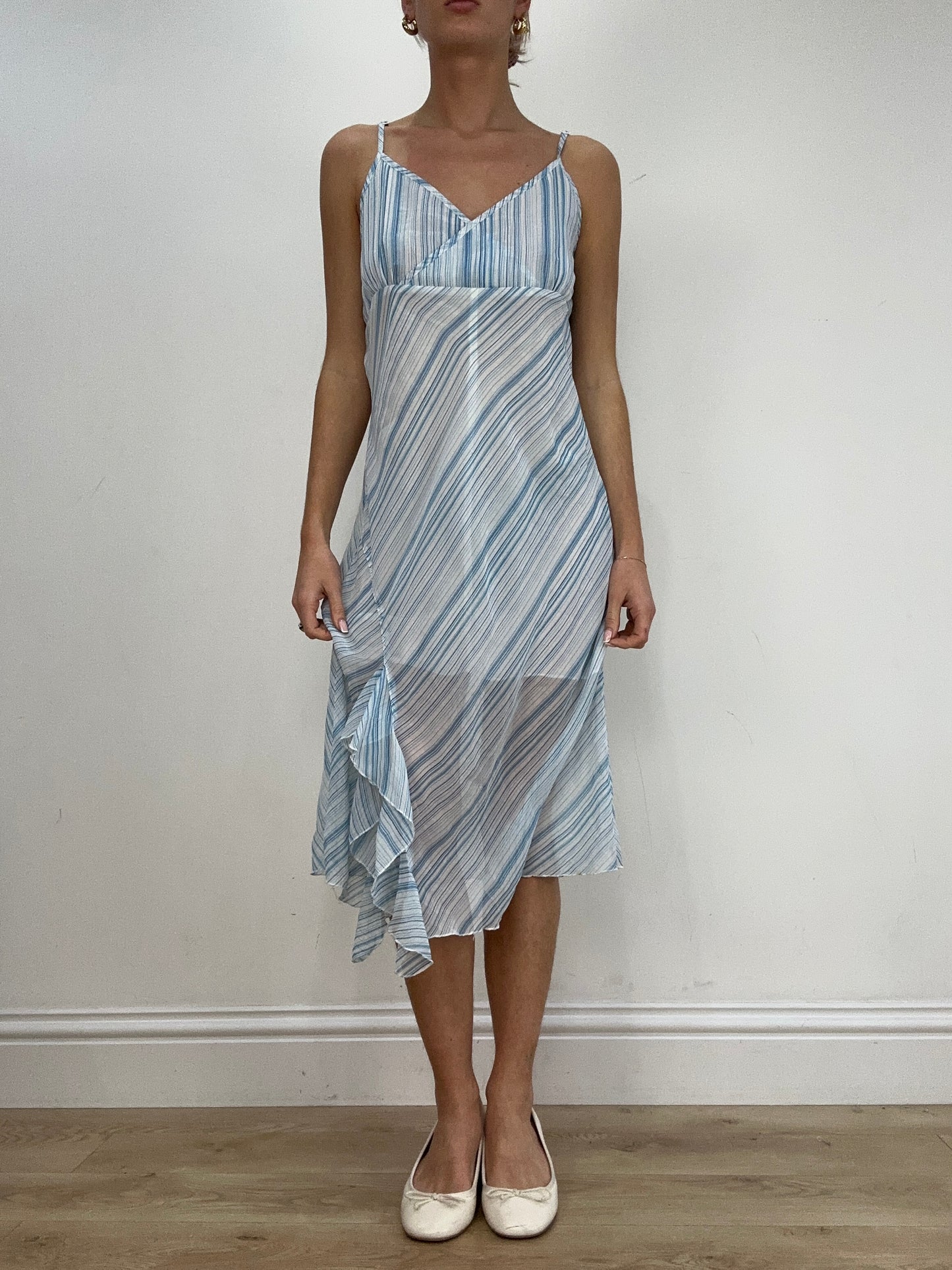 vintage edit five | large white and blue striped maxi dress