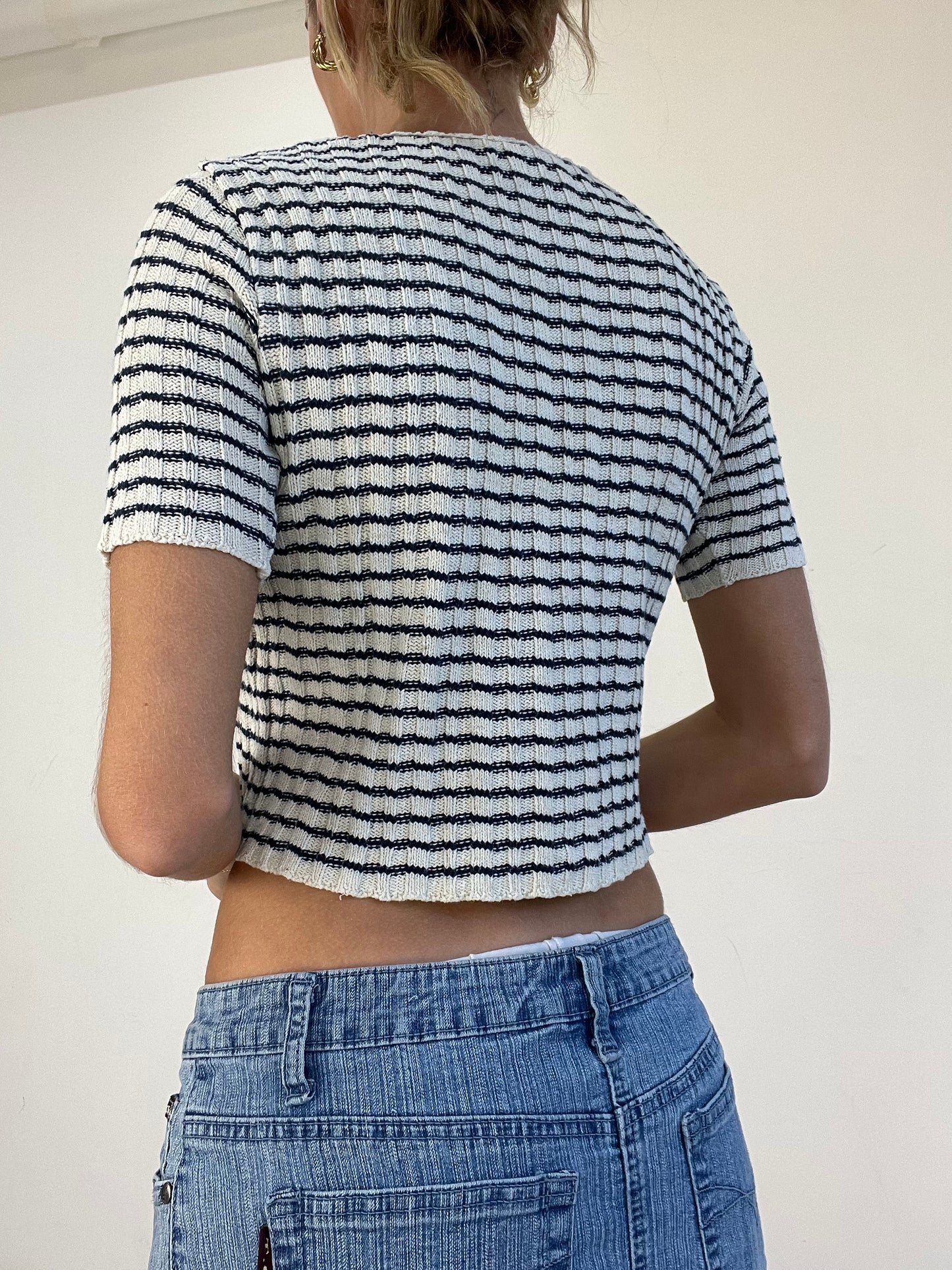 WINTER TRENDS | medium white and navy striped crochet top