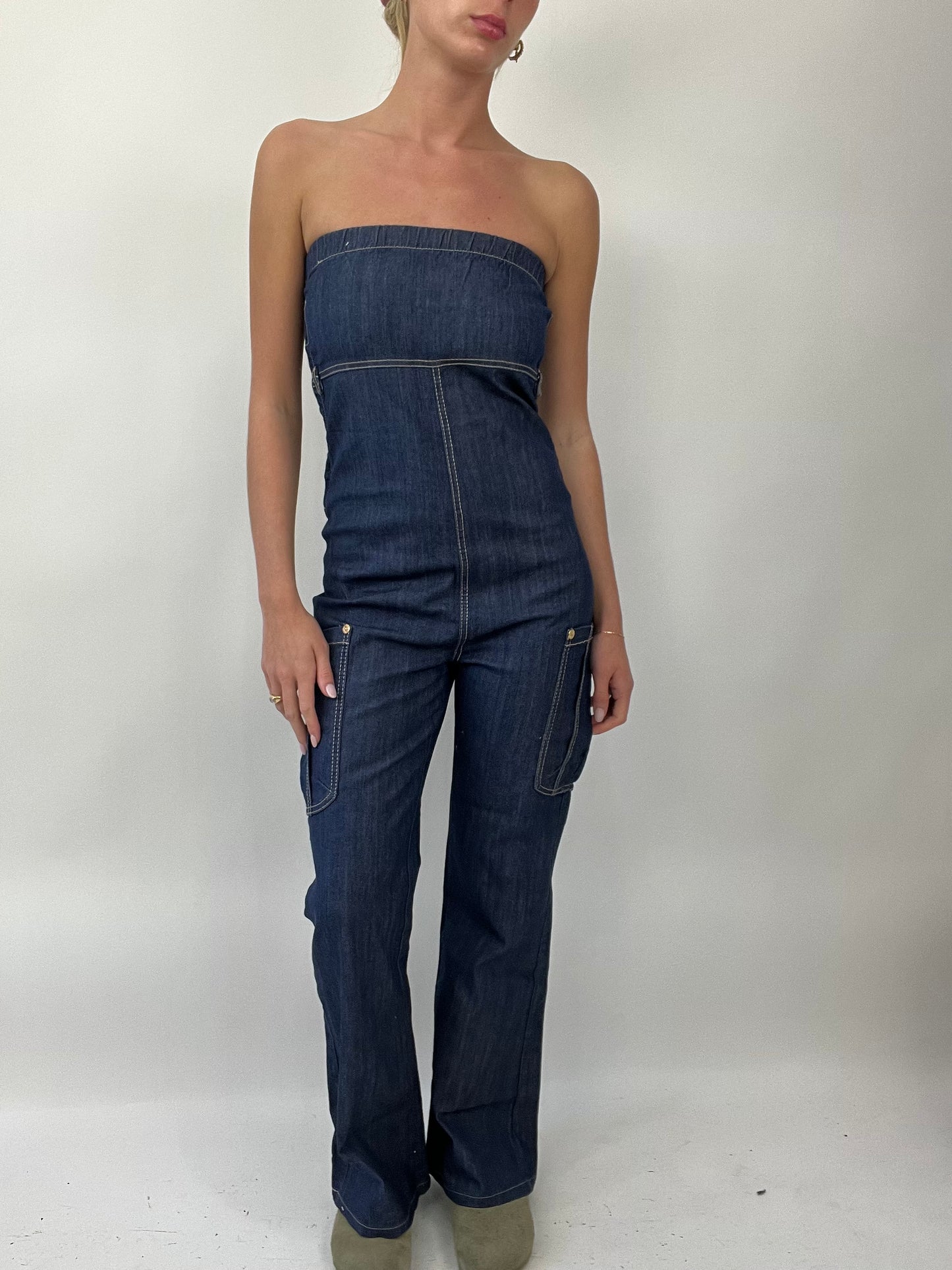 COASTAL COWGIRL DROP | xsmall dark wash denim bandeau jump suit